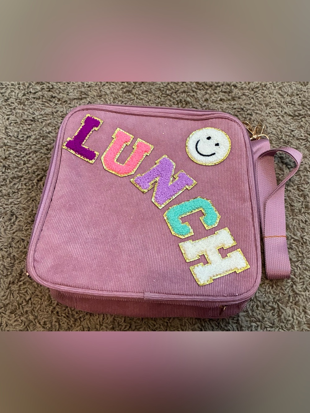Pink 'LUNCH' Patch Canvas Lunch Bag with Strap